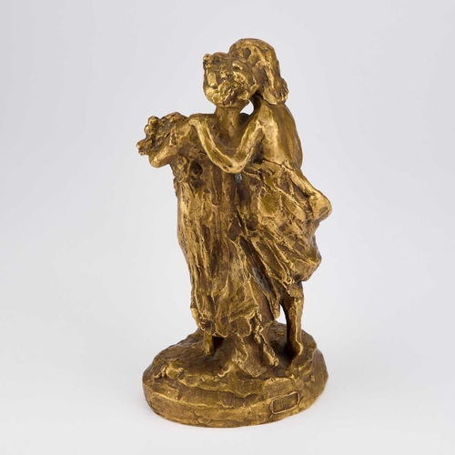 923 - FRANÇOIS-RAOUL LARCHE (FRENCH, 1860-1912), A GILT-BRONZE FIGURE GROUP OF TWO GIRLS GATHERING FLOWERS... 