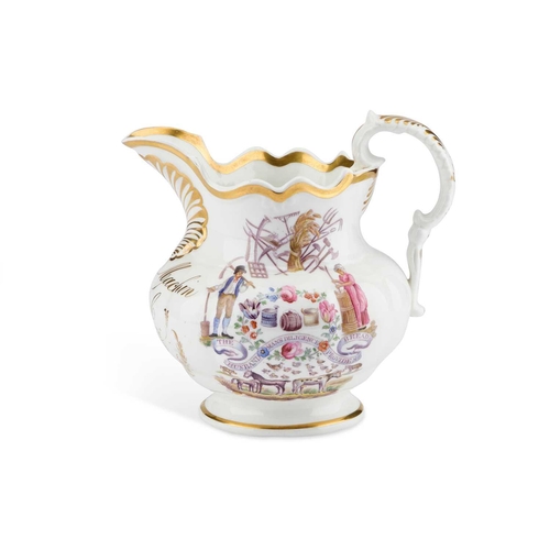 95 - AN ENGLISH PORCELAIN 'FARMERS ARMS' JUG, PROBABLY COALPORT, DATED 1839 printed and hand-painted to o... 