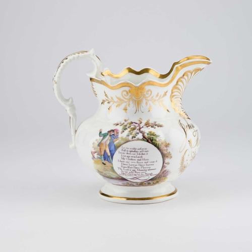 95 - AN ENGLISH PORCELAIN 'FARMERS ARMS' JUG, PROBABLY COALPORT, DATED 1839 printed and hand-painted to o... 