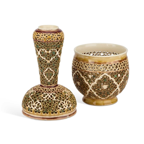 96 - TWO ART NOUVEAU HUNGARIAN RETICULATED VASES, ZSOLNAY PECS impressed and printed marks. (2) Tallest 1... 
