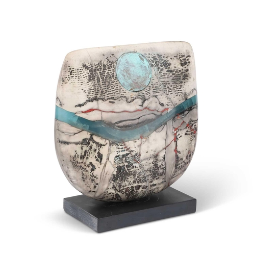98 - PETER HAYES (BORN 1946), RAKU BOW WITH DISC AND BLUE WAVE signed and dated (20)08. 23cm high, 22cm w... 