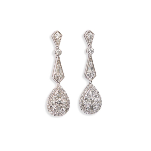 849 - A PAIR OF 14 CARAT WHITE GOLD DIAMOND DROP EARRINGS hallmarked '585', Sheffield, the pear-shaped dro... 