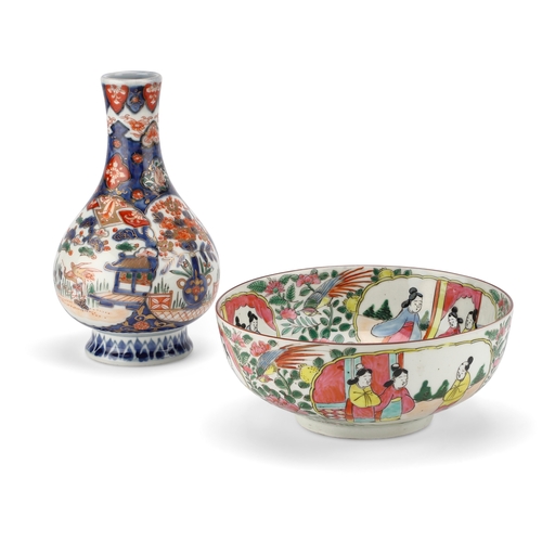 108 - A FAMILLE ROSE BOWL TOGETHER WITH AN IMARI VASE the circular bowl, painted in the typical palette wi... 