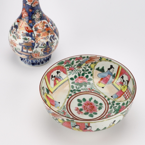 108 - A FAMILLE ROSE BOWL TOGETHER WITH AN IMARI VASE the circular bowl, painted in the typical palette wi... 