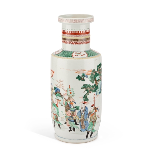 113 - A LARGE CHINESE FAMILLE VERTE VASE painted with a battle scene, bears an underglaze blue six-charact... 