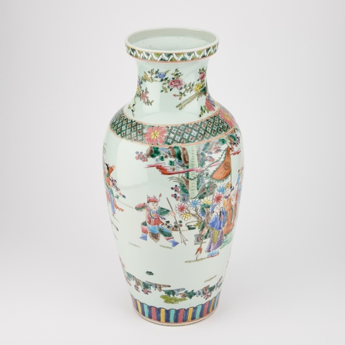 114 - A LARGE CHINESE FAMILLE ROSE VASE of baluster form, painted with figures, bears an underglaze blue s... 