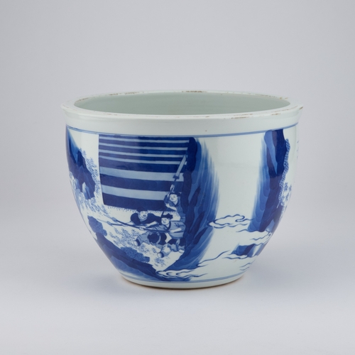 116 - A CHINESE BLUE AND WHITE JARDINIÃRE painted with a figural scene depicting various warriors on the ... 