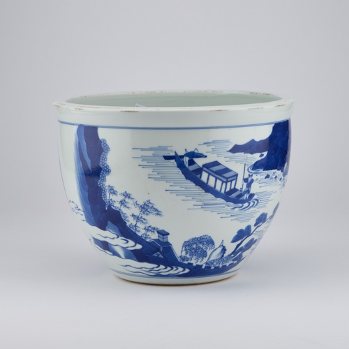 116 - A CHINESE BLUE AND WHITE JARDINIÃRE painted with a figural scene depicting various warriors on the ... 