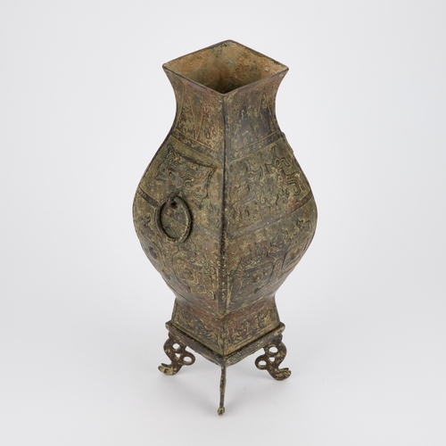 157 - A CHINESE BRONZE VASE in Archaistic style, on a stand. (2) 35.5cm high