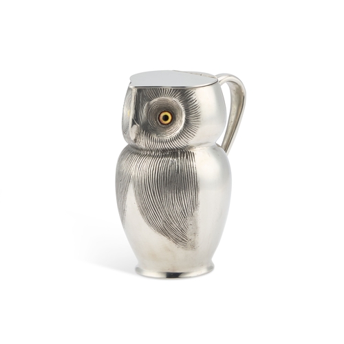 175 - A VERY RARE LIBERTY & CO TUDRIC PEWTER LIDDED 'OWL' JUG cast in the form of an owl, with inset eyes,... 