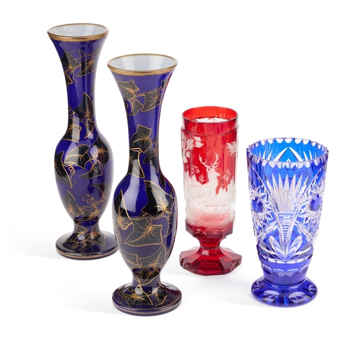 27 - A GROUP OF CONTINENTAL GLASS including a pair of 19th Century blue overlay vases, a 19th Century rub... 