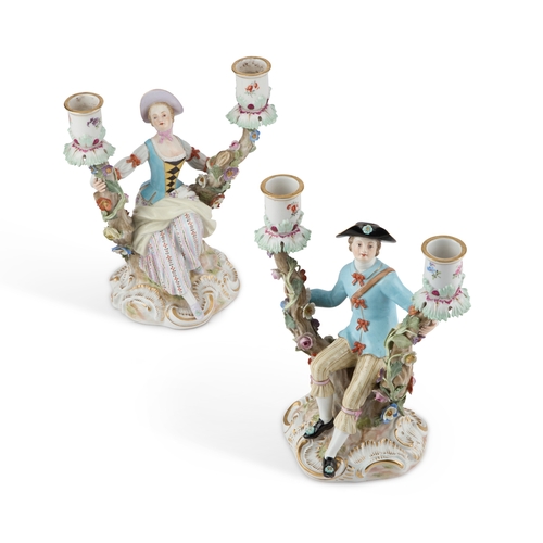 38 - A PAIR OF MEISSEN TWIN-LIGHT CANDELABRA late 19th Century, after the models by J.J. KÃ¤ndler, modell... 