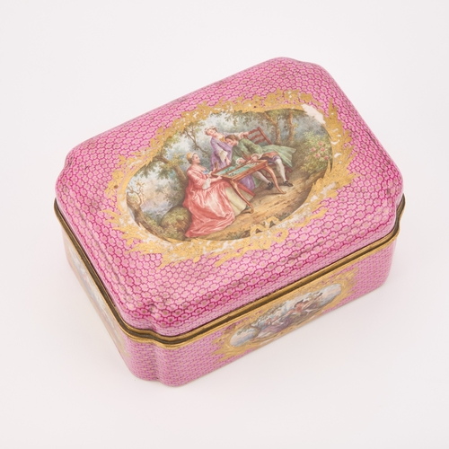 42 - A 19TH CENTURY CONTINENTAL GILT-METAL MOUNTED AND PORCELAIN CASKET with a pink ground and painted wi... 