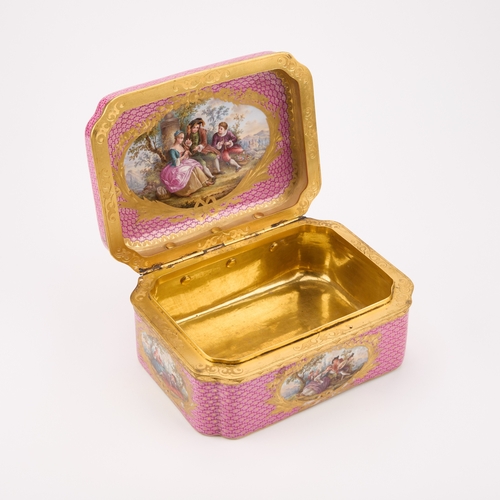 42 - A 19TH CENTURY CONTINENTAL GILT-METAL MOUNTED AND PORCELAIN CASKET with a pink ground and painted wi... 