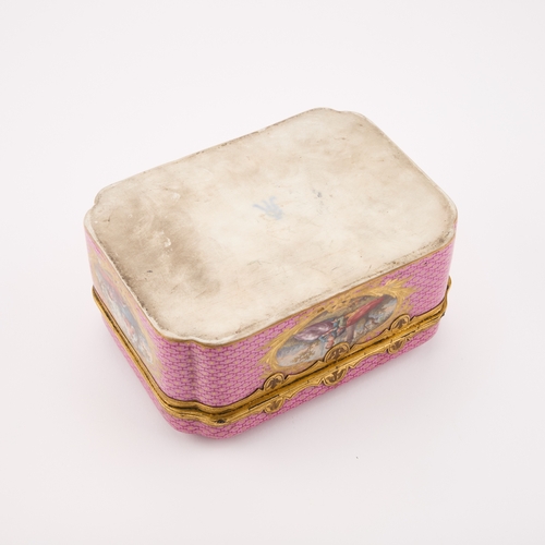 42 - A 19TH CENTURY CONTINENTAL GILT-METAL MOUNTED AND PORCELAIN CASKET with a pink ground and painted wi... 