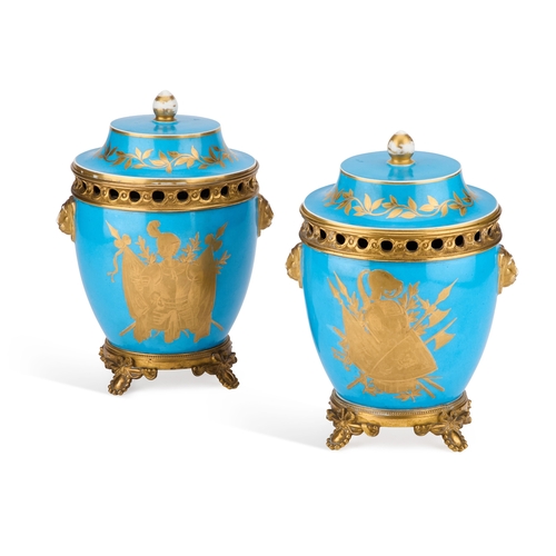 46 - A PAIR OF 19TH CENTURY FRENCH GILT-METAL MOUNTED SEVRES PORCELAIN POT POURRI VASES AND COVERS gilt-d... 