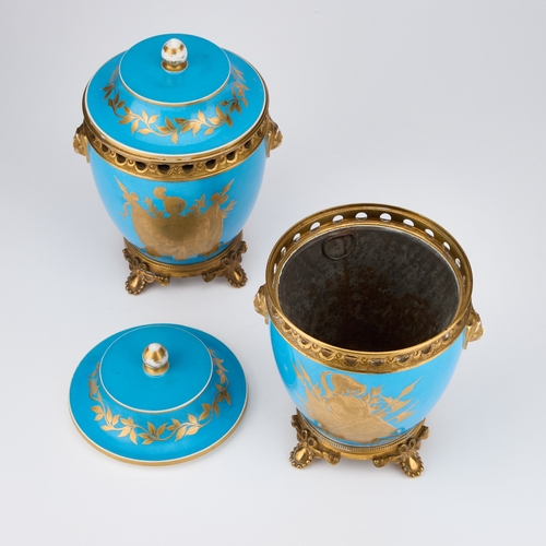 46 - A PAIR OF 19TH CENTURY FRENCH GILT-METAL MOUNTED SEVRES PORCELAIN POT POURRI VASES AND COVERS gilt-d... 