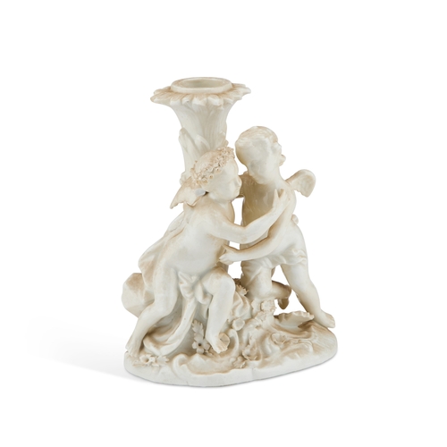 47 - A DRESDEN WHITE-GLAZED FIGURAL LAMP BASE modelled as two putti, bears underglaze blue crossed swords... 