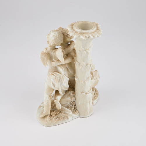 47 - A DRESDEN WHITE-GLAZED FIGURAL LAMP BASE modelled as two putti, bears underglaze blue crossed swords... 