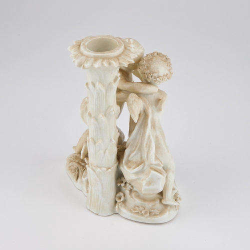 47 - A DRESDEN WHITE-GLAZED FIGURAL LAMP BASE modelled as two putti, bears underglaze blue crossed swords... 