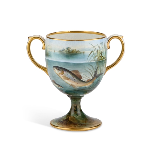 48 - A 19TH CENTURY PAINTED POTTERY TWO-HANDLED CUP the ovoid bowl painted with fish, the rims and handle... 