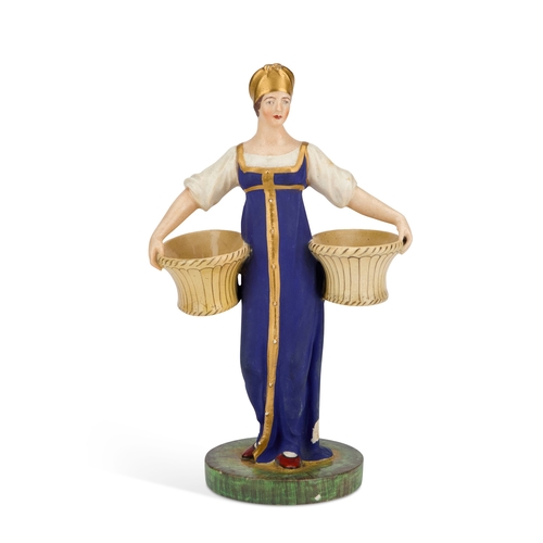 49 - A RARE RUSSIAN PORCELAIN FIGURE OF A LADY, POSSIBLY ST. PETERSBURG in a blue dress carrying two bask... 