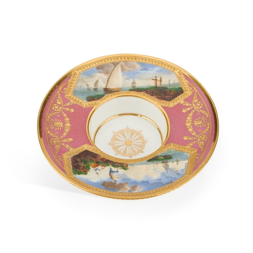 50 - A SÃVRES STYLE TREMBLEUSE SAUCER, 19TH CENTURY painted with two coastal vignettes on a pink ground,... 