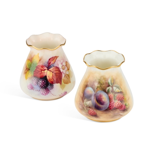 62 - TWO ROYAL WORCESTER VASES painted with fruit and flowers by Kitty Blake and Peter Love, nos. G 957, ... 