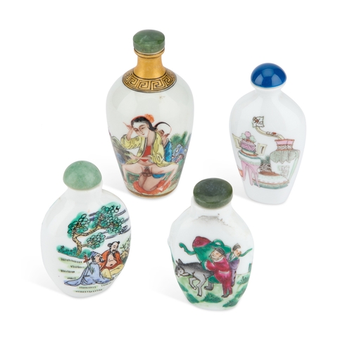 66 - FOUR CHINESE PORCELAIN SNUFF BOTTLES including an erotic example. (4) Tallest 9cm high