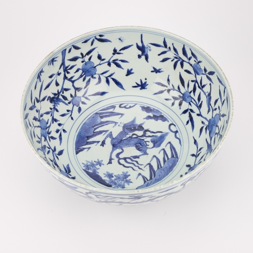 83 - A LARGE CHINESE BLUE AND WHITE BOWL bears Jiajing mark and possibly of the period, the exterior pain... 
