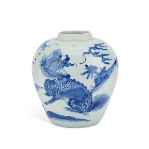 84 - A CHINESE BLUE AND WHITE 'KYLIN' GINGER JAR, SHUNZHI PERIOD, 17TH CENTURY ovoid, underglaze blue pai... 