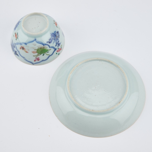 92 - V AN 18TH CENTURY CHINESE FAMILLE ROSE TEA BOWL AND SAUCER the tea bowl decorated with two reserves ... 