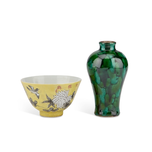98 - A CHINESE YELLOW-GROUND BOWL AND A CHINESE GREEN-GLAZED VASE the bowl, decorated with birds and blos... 
