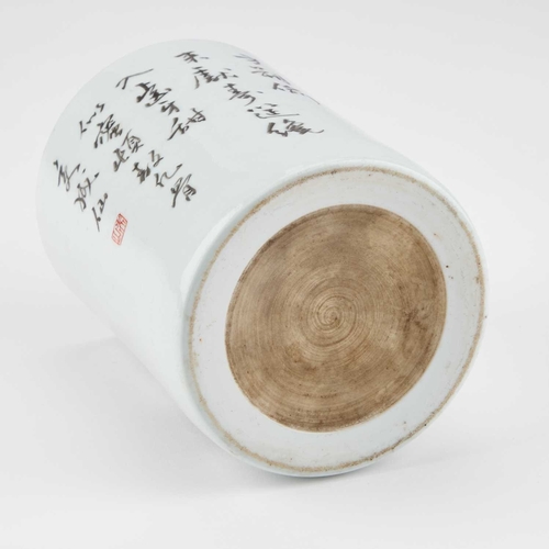 110 - A CHINESE INSCRIBED BRUSHPOT cylindrical, painted with a figure. 13cm high