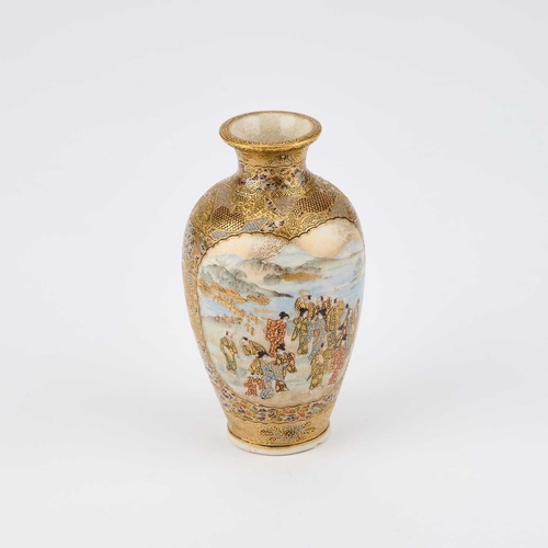 113 - A FINE MINIATURE JAPANESE SATSUMA VASE Meiji period (1868-1912), signed, of baluster form, painted a... 