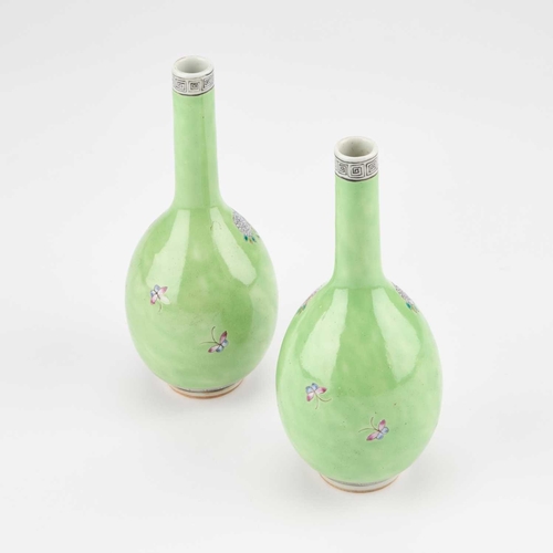 114 - A PAIR OF CHINESE REPUBLIC GREEN-GROUND VASES bottle-shaped, each decorated with quails. (2) 15.5cm ... 