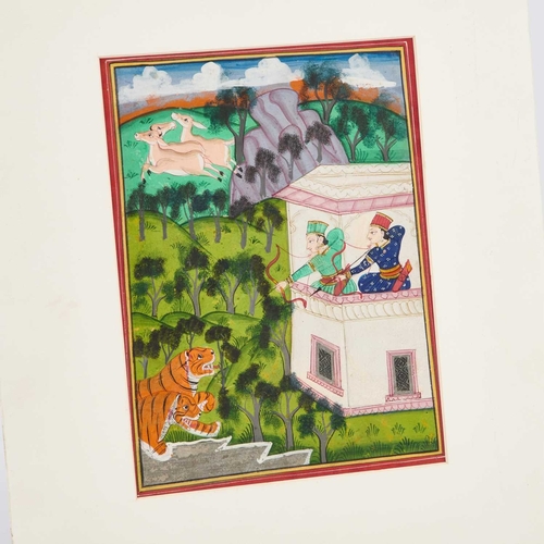 125 - PRINCES HUNTING TIGERS FROM THE ROOF OF A HUNTING PAVILION, KOTAH, RAJASTHAN, INDIA, 19TH CENTURY op... 