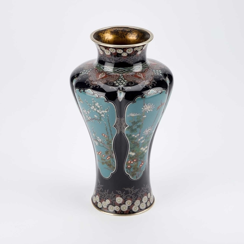 129 - A FINE JAPANESE CLOISONNÉ ENAMEL VASE the lobed tapering body depicting finely detailed panels of fl... 