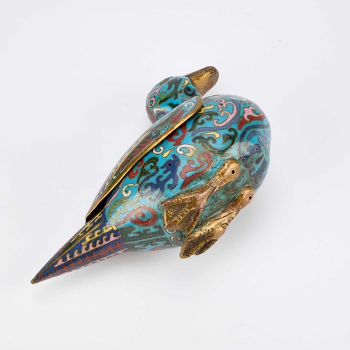 131 - A PAIR OF 19TH CENTURY CHINESE CLOISONNÉ ENAMEL CENSERS AND COVERS each in the form of a duck, decor... 