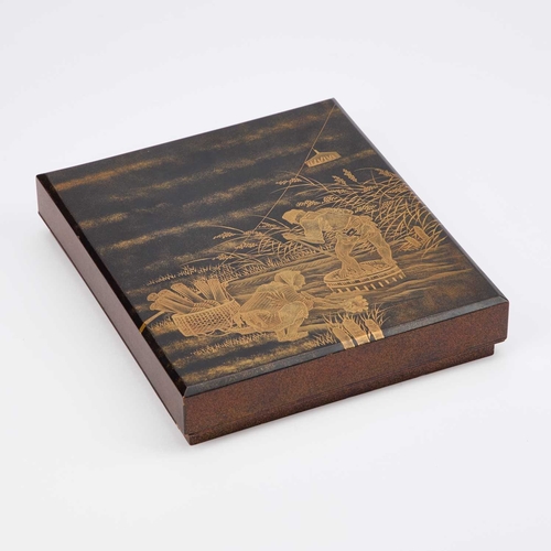 132 - A GOOD 19TH CENTURY JAPANESE GOLD LACQUERED WRITING BOX (SUZURIBAKO) the case decorated with two fig... 