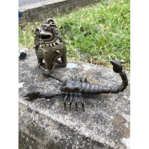 133 - A JAPANESE BRONZE MODEL OF A SCORPION together with a Chinese silver and enamel tripod vessel and a ... 