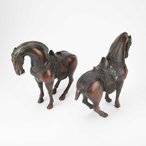 146 - A PAIR OF CHINESE TANG STYLE BRONZE HORSES (2) 27cm high