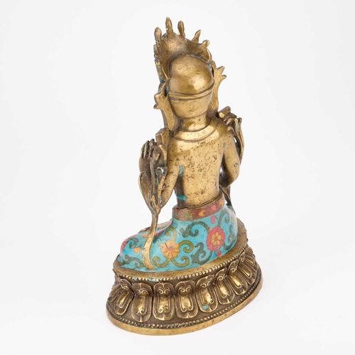 150 - A TIBETAN BRONZE AND CLOISONNÉ ENAMEL FIGURE OF BUDDHA cast seated on a lotus base. 30cm high