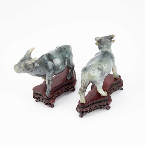 152 - A PAIR OF CHINESE CARVED JADE MODELS OF WATER BUFFALO on pierced and carved wooden stands. (2) 12cm ... 