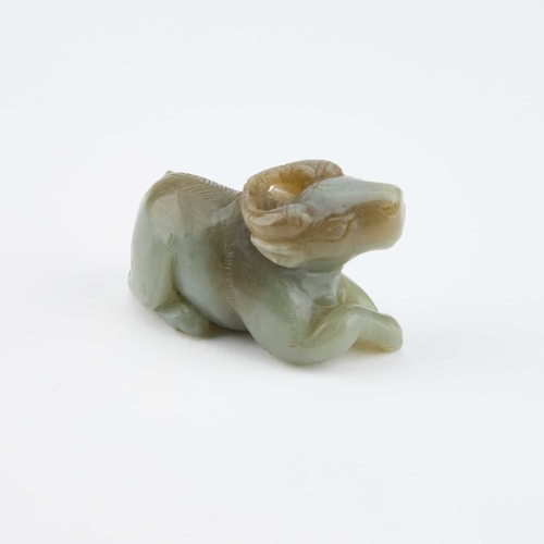 153 - THREE CHINESE JADE CARVINGS comprising a recumbent ram; a carving of an insect on flowers; and anoth... 