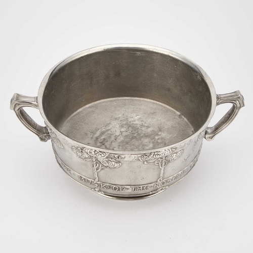 177 - DAVID VEASEY FOR LIBERTY & CO, A TUDRIC PEWTER TWIN-HANDLED ROSE BOWL no. 011, cast in low relief wi... 