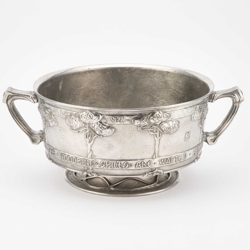 177 - DAVID VEASEY FOR LIBERTY & CO, A TUDRIC PEWTER TWIN-HANDLED ROSE BOWL no. 011, cast in low relief wi... 