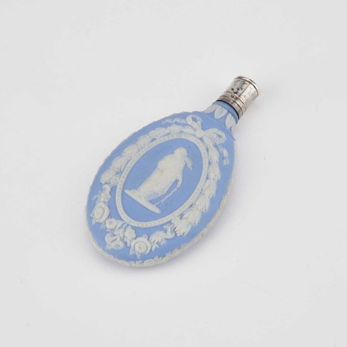 40 - A 19TH CENTURY JASPERWARE SCENT FLASK, PROBABLY WEDGWOOD unmarked, the compressed oval bottle decora... 