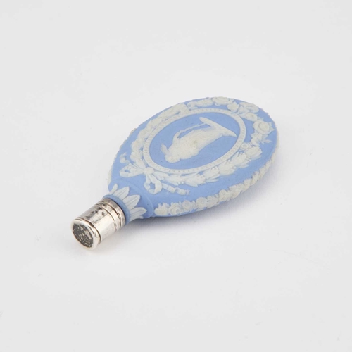 40 - A 19TH CENTURY JASPERWARE SCENT FLASK, PROBABLY WEDGWOOD unmarked, the compressed oval bottle decora... 