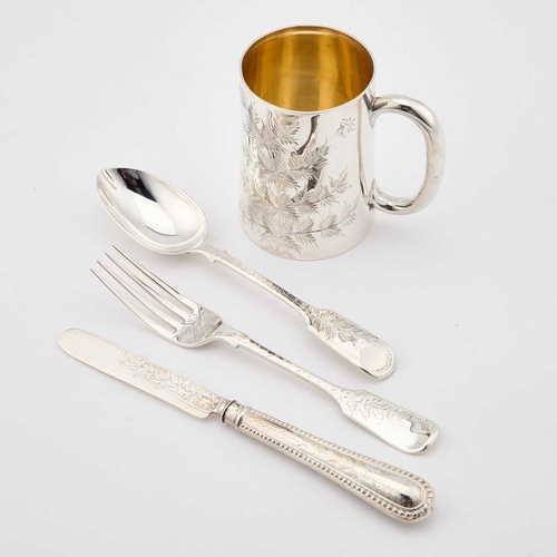 401 - A VICTORIAN SILVER FOUR-PIECE CHRISTENING SET the mug, fork and spoon by Charles Boyton, London 1883... 